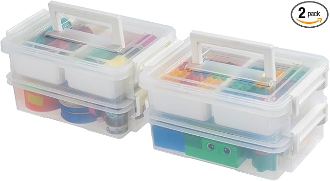 IRIS USA Storage Bins with Lids |Made in USA| 1 Qt - (2-Pack) - White | Built-In Handle Tote / 2 Removable Organization Trays / Plastic Containers for Crafts & Art Supplies / Interlocking Latches by IRISUSA