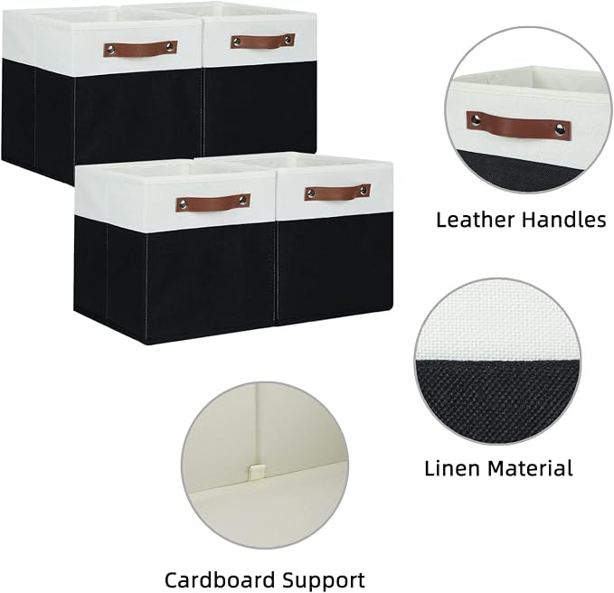 HNZIGE Cubes Storage Bins Set of 4,11 x 11 Fabric Storage Cube Baskets for Storage,Decorative Storage Bins for Shelves with Handles,Closet Clothes Baskets for Organizing Home(Black White) - Image 3