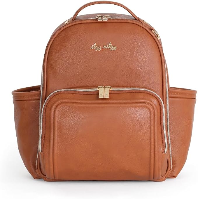 Itzy Ritzy Mini Diaper Bag Backpack - 10 Pockets w/Changing Pad (Cognac) | Chic Mini Plus Diaper Bag with 2 Insulated Bottle Pockets, Key Lanyard, Wipeable Changing Pad, Grab-Top Handle & Rubber Feet by Unknown