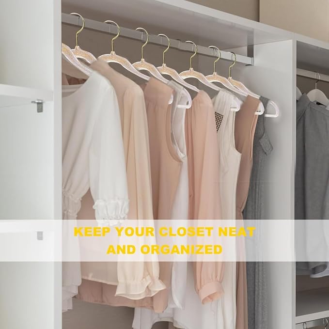 VSV stoage Clear Clothes Hangers 16", 40 Pack Plastic Coat Hanger for Adult Closet, Bling Thin Hangers with Swivel Gold Hook, Notched Shoulders Perchas - Clothing Rack for Bridesmaid Dresses - Image 7