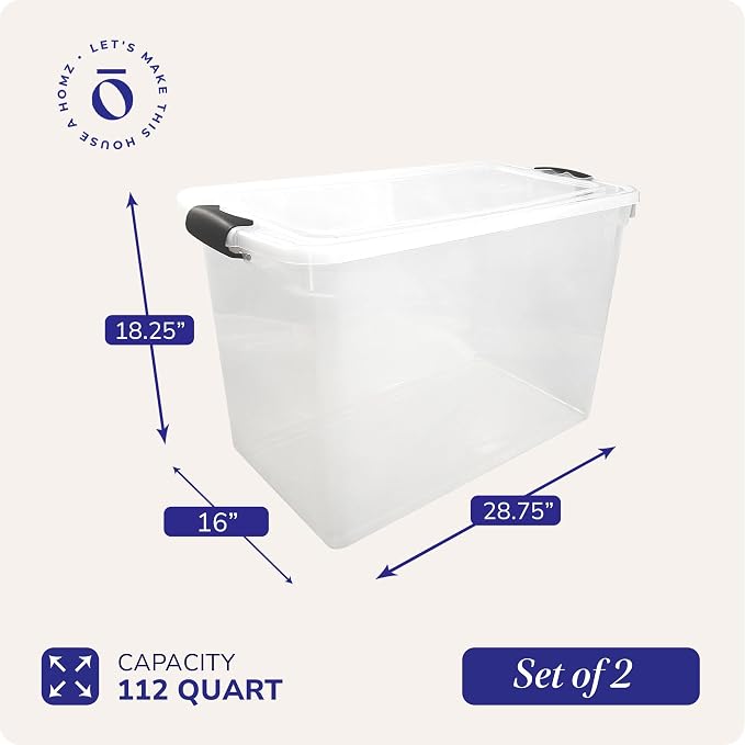 HOMZ Clear Plastic Storage Bins w/Latching Lid, 112 Qt, Gray Latch, 2 Pack | Large Stackable Container Boxes for Homes, Bathrooms, Garages, and Office Organization - Image 4