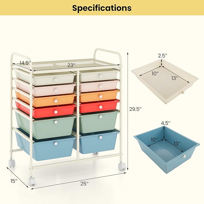 Giantex 12 Drawer Rolling Storage Cart Tools Scrapbook Paper Office School Organizer (Macaron) - Image 3