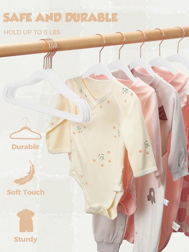 11.8" Premium Baby Velvet Hangers for Closet, 50 Pack, White | Durable Kids Felt Hangers, Non Slip and Space Saving with 360° Rose Gold Hooks for Infant and Toddler Clothes; Holds 10 lb - Image 7