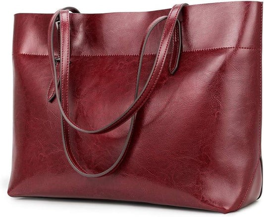 Kattee Vintage Genuine Leather Tote Shoulder Bag for Women | Genuine leather tote with adjustable straps, 7 pockets, and room for a 14-inch laptop, ideal for work and travel. by Kattee