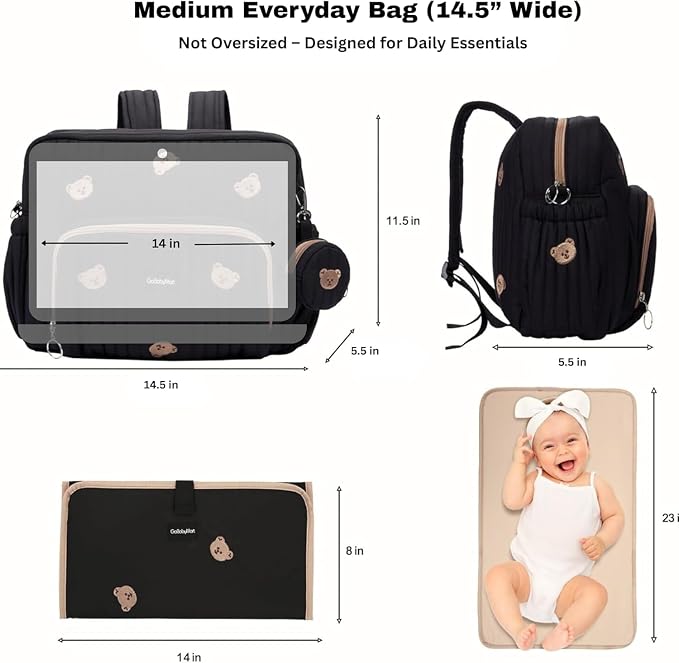 Diaper Bag Backpack with Changing Pad - Travel Baby Bag, Insulated Bottle Pockets, Stroller Straps (Medium - Black Bears) - Image 8