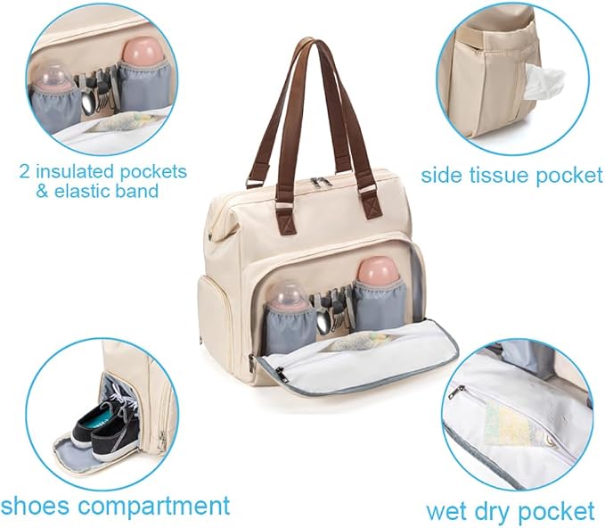 Large Mom's Diaper Bag, Diaper Bag Tote with 2 Organized Pouches & Changing Pad - Image 3