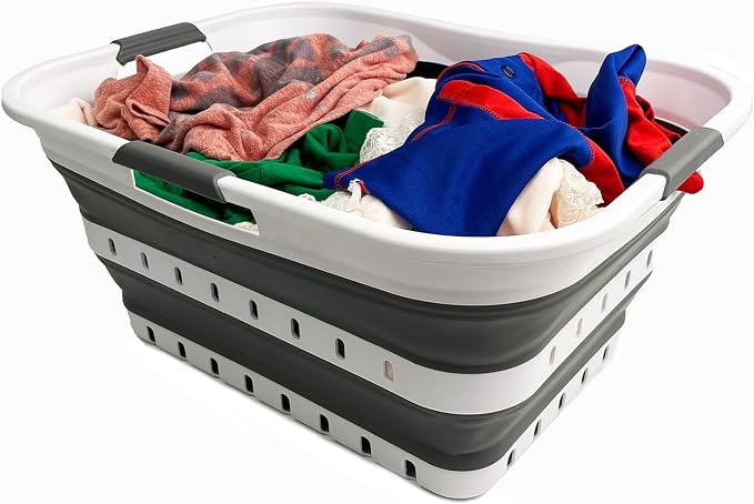 SAMMART Collapsible Plastic Rectangular Laundry Basket - Foldable Pop Up Storage Container/Organizer - Portable Laundry Hamper - Space Saving (White/Steel Grey, 42L) - Image 4