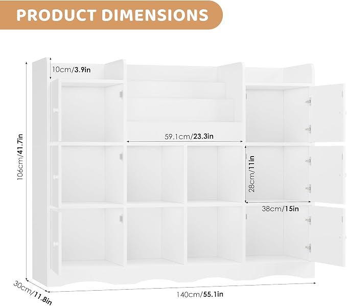 Toy Organizers and Storage with 10 Cubbies and 4 Tier Bookshelf | 55" Large Kids Bookshelf Toy Organizers and Storage with Raised-Edge Top Shelf, Playroom Storage and Toy Chest, White - Image 2