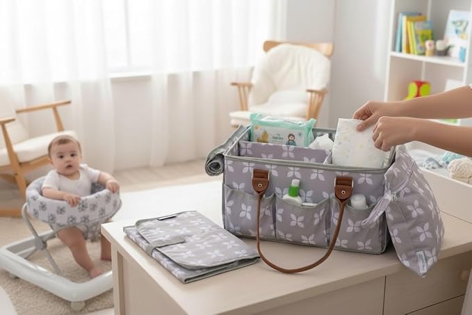 Diaper Caddy with Changing Mat, Large Baby Diaper Caddy Organizer with Lid, Portable Organizer Basket for Baby Essentials, Roll-Up Lid, Built-In Changing Mat Pocket - Image 4