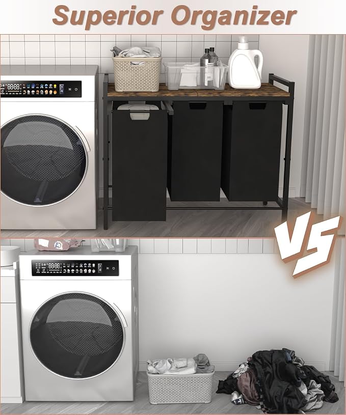 10 x 3 Gal Large Laundry Hamper, Rustic Brown and Black | Freestanding Clothes Basket Organizer with 3 Pull-Out & Removable Sorter Bags for Clothing or Toys in Bathroom & Living Room - Image 6