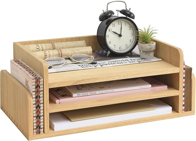 KIRIGEN Wood Desk Organizer, 5-Tray Letter Tray and Mail Sorter Natural 2TP | Solid Wood 3-Tier Desktop Organizer with 5 Storage Areas for Mail, Folders, Letter Paper and Office Supplies, Fully Assembled by KIRIGEN