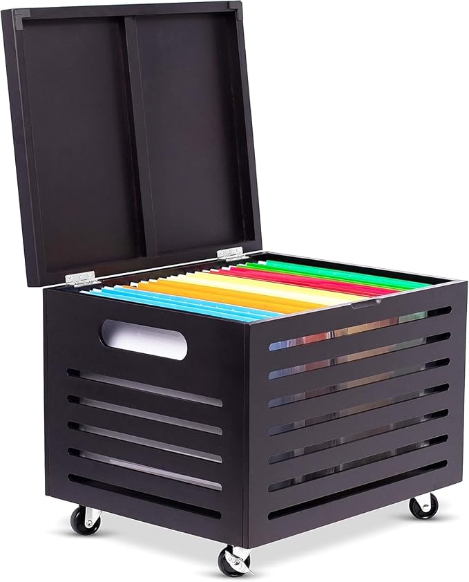 BIRDROCK HOME Bamboo Rolling File Storage Organizer Box with Lid - Decorative File Cabinet on Wheels, Portable File Box on Wheels, Mobile Filing Solution - Café Noir - Image 9