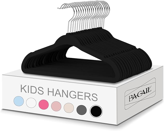 BAGAIL 50 Pack Kids Velvet Hangers 14 Inches Children's Clothes Hangers Non-Slip Baby Hangers for Infant/Toddler (Black) by BAGAIL