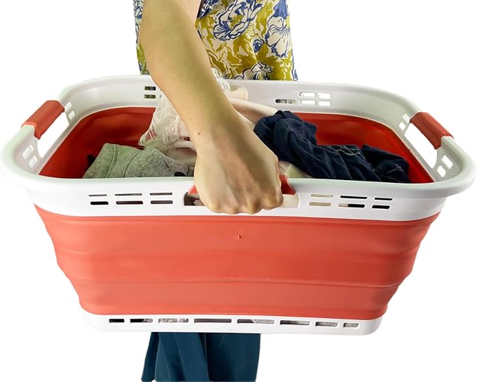 SAMMART Set of 2 Collapsible Plastic Storage Basket - Foldable Pop Up Storage Container - Portable Laundry Organizer - Space Saving Hamper (White/Blush Red, 42L (Style A)) - Image 5