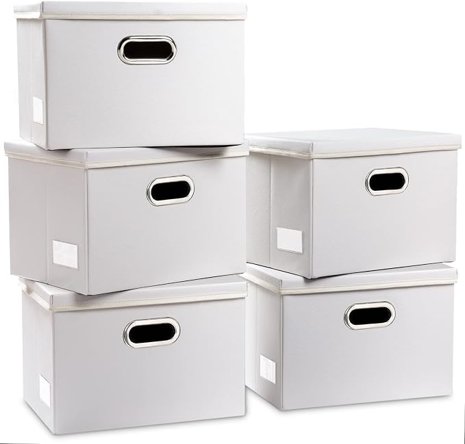 Foldable Storage Bins with Lids [5-Pack] Leather Fabric Collapsible Storage Boxes Organizer Containers Baskets Cube with Cover for Bedroom Closet Office Nursery White (14.9x10.8x10) by Prandom