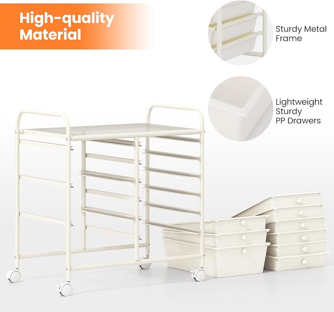 Giantex 9 Drawers Rolling Cart, Classroom Organizers, Storage Cart with Wheels, for Teacher Office Home School Supplies Tool Craft Art Paper, Ivory - Image 7