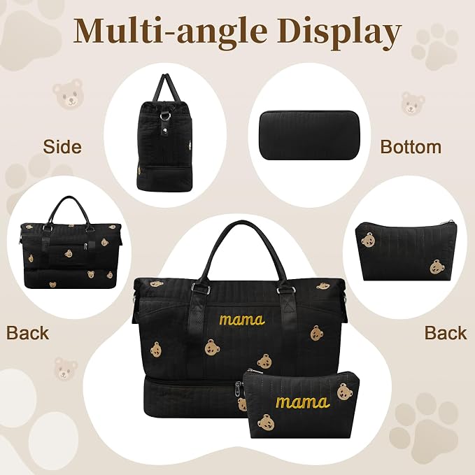 Mama Maternity Hospital Bag Essentials for Women Labor Delivery Baby Diaper Organizer with Shoe Compartment & Toiletry Pouch Travel Duffle Bag for Pregnancy Mommy Weekender Overnight Gifts,Black Bear - Image 8