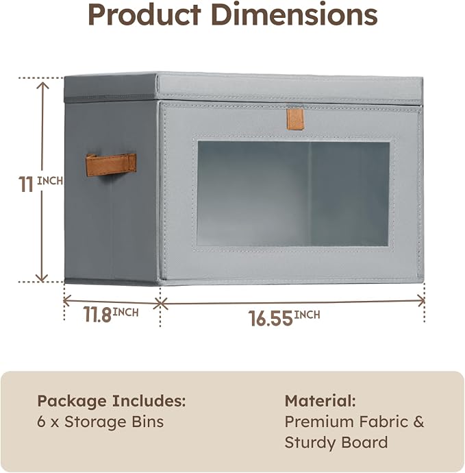 Storage Bins with Lids - Front Opening Storage Box with Clear Window & Handles, Stackable Foldable Fabric Bins for Closet Organization, Clothes, Sweaters, Towels, Blankets, 6 Pack, Grey - Image 8