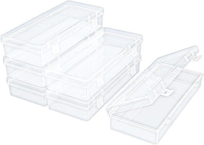 6 Pack Rectangular Clear Plastic Storage Containers Box with Hinged Lid for Beads and Other Small Craft Items (6.1 x 2.56 x 1.18 inch) | Hinged Lid, Double Buckles, For Beads and Small Craft Items by Thintinick