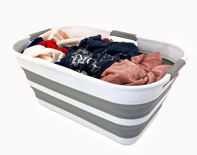 SAMMART 21L (5.5 Galloons) Collapsible Plastic Storge Basket - Foldable Pop Up Storage Container/Organizer - Portable Washing Tub - Space Saving Hamper/Basket (White/Grey (Set of 2)) - Image 5