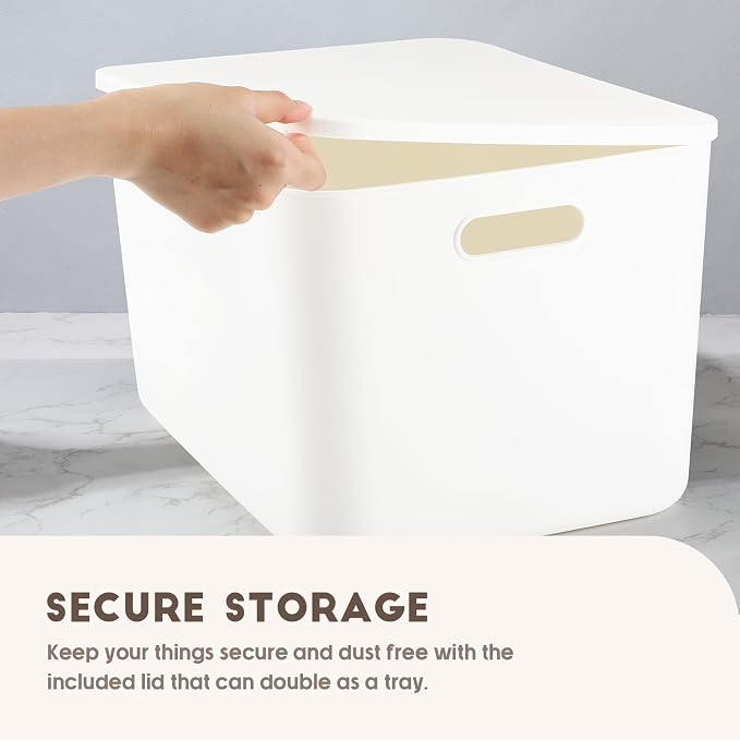 8 Pieces White Plastic Storage Bins with Lids, Stackable Storage baskets with Handle Containers Box for Shelves Drawers Desktop Playroom Classroom Office Organization(16 x 12 x 9.7 Inches) - Image 4