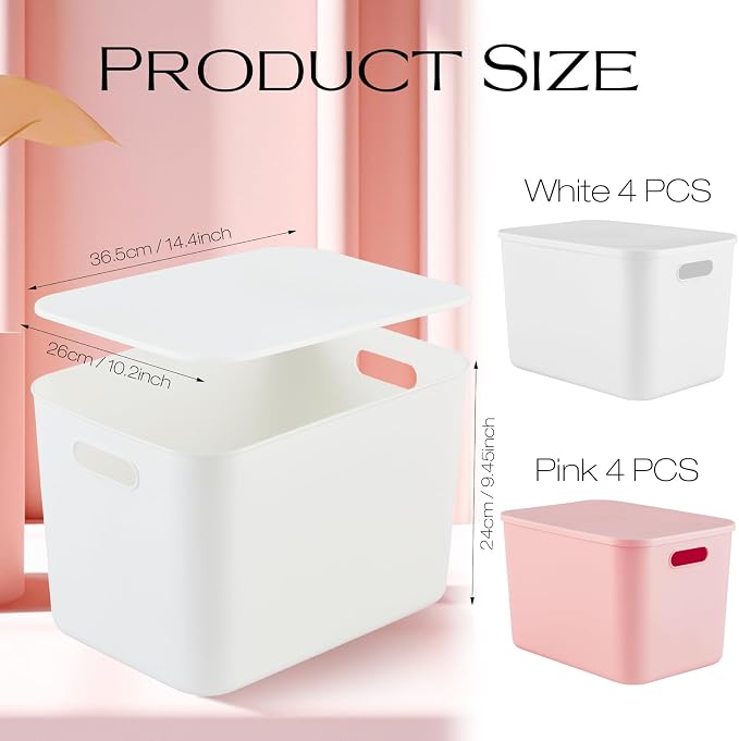 8 Pack Storage Bins, 14.2 X 10.2 X 9.5 Inch White and Pink | Plastic Stackable Containers with Lid Handle, For Shelves Desktop Playroom Office, Organizing Toys Books Supplies Storage - Image 2