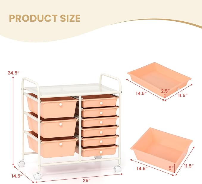 9 Drawer Rolling Storage Cart, Rolling Cart with Drawers for Classroom, Art Supply Craft Organizer on Wheel with Metal Frame & Handles for Home Office School - Image 3