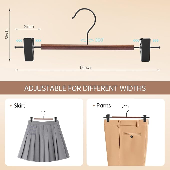 Wooden Pants Hangers with Clips 24 Pack, Heavy Duty Adjustable Clip Non Slip Skirt Hanger for Jeans, Trousers, Short, Clothes, Space Saving Closet Organizer (Black, 24 Pack) - Image 4
