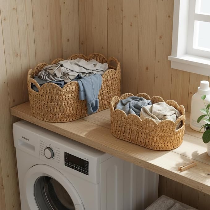 Coeusy Paper Rope Scalloped Basket Set of 2, Wicker Storage Baskets for Shelves,Gifts,Books,Toys,Cute Decor Rattan Baskets for Organizing,Natural Color - Image 2