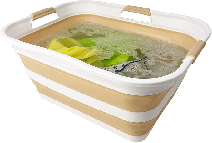 SAMMART 42 (11 Gallons) Collapsible Plastic Laundry Basket, Foldable Pop Up Storage Container/Organizer, Space Saving Hamper, Portable Bin for Dorm Room Bathroom (1, White/Beige) - Image 7