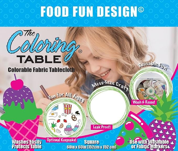 Food Fun Design – Square Tablecloth 60”X60” - Interactive Coloring Tablecloth for Kids – Poly/Cotton Fabric - Washable and Reusable – DIY Activity for Children & Adults - Image 2