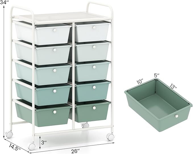 RELAX4LIFE Rolling Storage Cart with 10 Drawers - Craft Storage Cart w/Lockable Wheels, Utility Cart, Art Cart Organizer for School Studio Office Home, Utility Cart on Wheels (Gradient Green) - Image 3