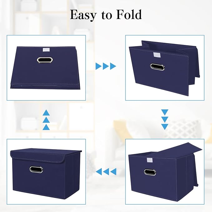STOREONE Fabric Storage Cube Bins Foldable Organizer Container Collapsible Basket with Lids and Metal Handles, for Home, Bedroom, Closet 3 Pcs (Navy Blue) - Image 6