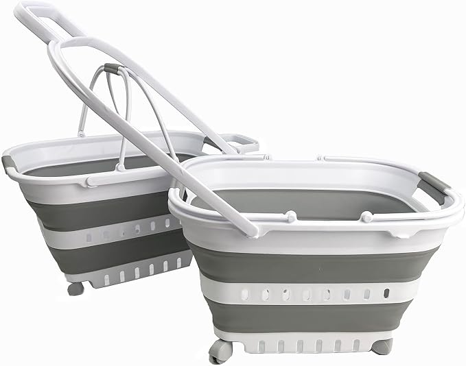 SAMMART 35L (9.24 Gallons) Collapsible Plastic Laundry Basket with Handle and Wheels - Foldable Pop Up Storage Container/Organizer with handle and wheels - Space Saving (2, White/Grey) by SAMMART