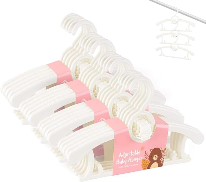 Baby Clothes Hangers 20 Pack, Plastic Kids Hangers Space Saving for Closet | White Hanger for Toddler Girl and Boy, Lightweight Anti-Slip Cascading Padded Extendable Adjustable Pant Bear Children Hangar by HGYZE