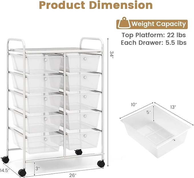10 Drawer Rolling Cart, Storage Cart Organizer on Wheels, Drawer Cart with Metal Frame & Large Storage Capacity, Rolling Cart with Drawers for Living Room Classroom, Office - Image 3