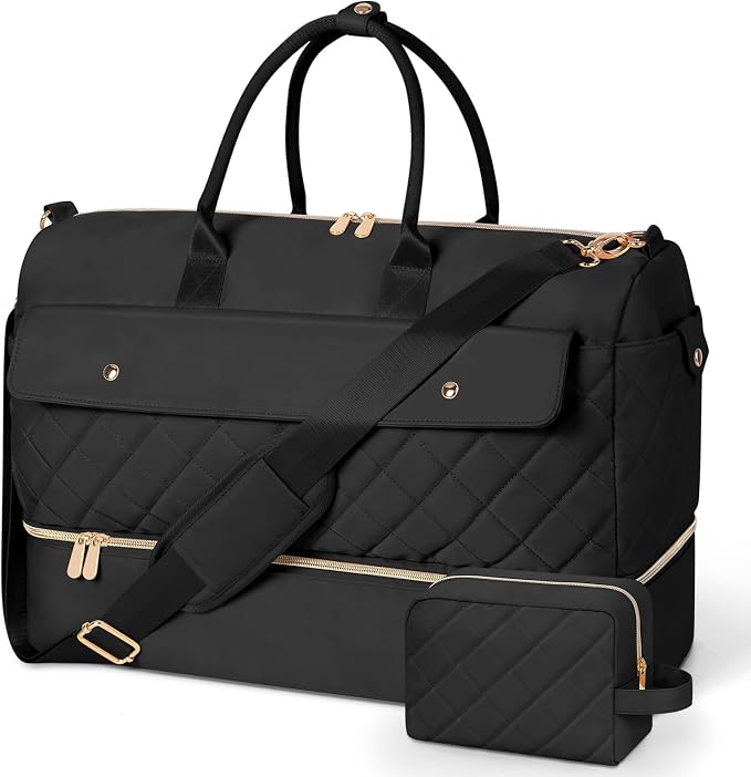 Weekender Bags for Women, Large Travel Duffel Bag with Shoe Compartment, Carry on Overnight Bag with Toiletry Makeup Bag, Gym Duffel Bag Travel Tote Bag for Travel Gym Camping Hospital, Black by Wedama
