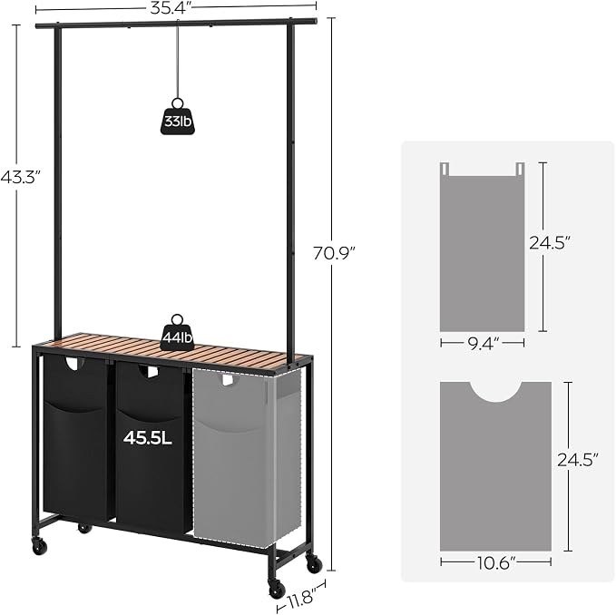 Laundry Sorter 3 Section, Rolling Laundry Hamper with Hanging Rack, Laundry Sorter with Wheels, Hampers for Laundry, Laundry Basket Organizer for Laundry Room, Rustic Brown LS37BR - Image 8