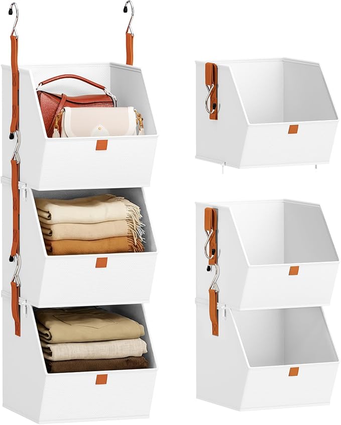 Collapsible Hanging Closet Organizer - 3 Tier Closet Shelves Storage System with Hooks, Fabric Hanging Storage Bins for Clothes, Foldable Storage Basket for Laundry, Bedroom, Rv, White by Homsorout