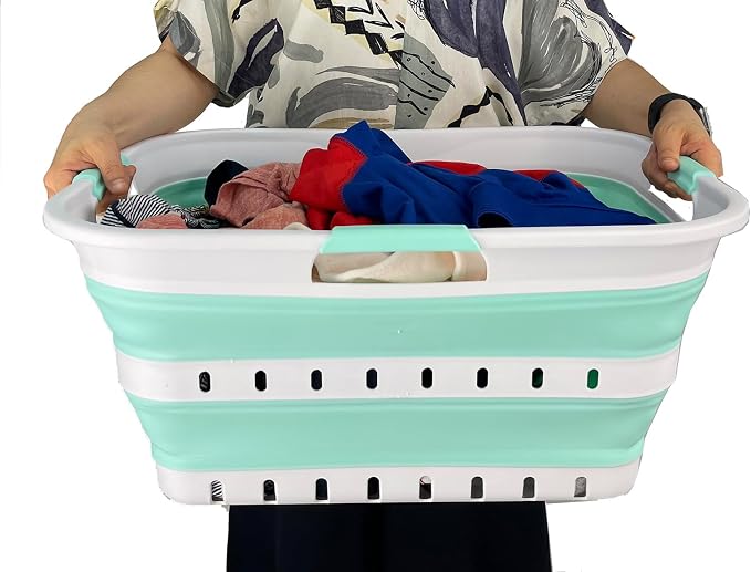SAMMART 42L (11 gallons) Set of 2 Plastic Foldable Storage Basket/Container - Collapsible, Space Saving and Portable Laundry Hamper, Ideal for Home, Travel, Dorm (2, White/Light Green) - Image 6