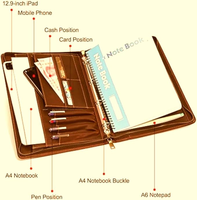 Zippered Padfolio Organizer, Leather Planner Binder, 12.9 Inch Portfolio Folder for Documents, Letter Size Business Card Tablet Document Holder for Men&Women, Brown - Image 6