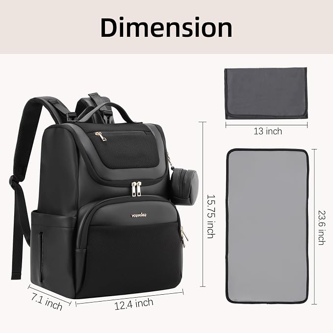 Large Leather Diaper Bag Backpack, Baby Travel Bag with Changing Pad, Insulated Pockets, Stroller Straps and Pacifier Case, Water-Resistant Diaper Bag for Mom and Dad, Black - Image 6