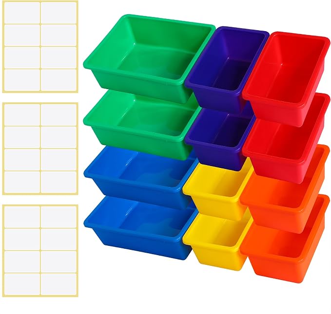 Zonon 12 Pcs Plastic Cubby Bins Office Storage Container Storage Bins Plastic Organization with 1 Pack Self Adhesive Label for Library Office Home Nursery(Bright Colors) - Image 2