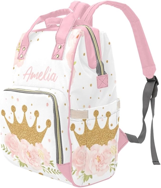 Personalized Crown with Flower Diaper Bag Backpack with Name – Waterproof Custom Baby Nappy Bag with Large Capacity & Multi Pockets – Shower Gift for Baby for New Parents - Image 2
