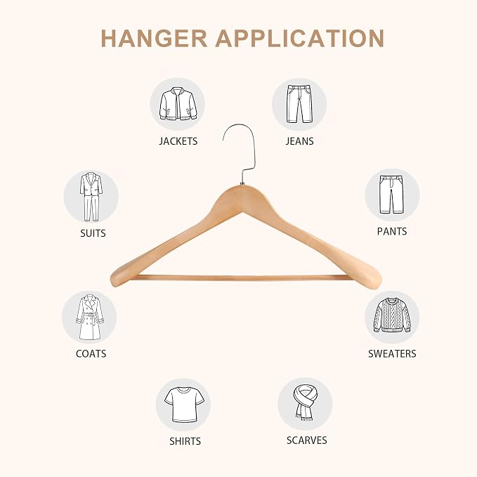17.5" Wooden Suit Hangers, Non Slip Pants Bar, Natural Wood, 12-Pack | Wood Extra-Wide Shoulder Hangers with Flat-Head Hook for Suits, Coats, Jackets, Shirts, Pants, Heavy Clothes - Image 8