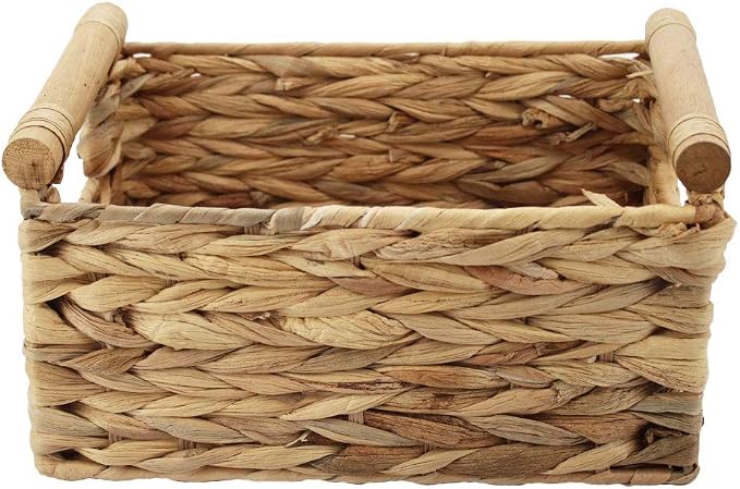 Natural Woven Water Hyacinth Storage Basket with Wood Handles, Large | Rectangular wicker‑style bin, decorative accent, for shelves, bathroom, pantry, closet organization, countertop use by HODAKJUE