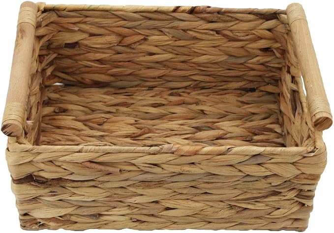 Natural Woven Water Hyacinth Storage Basket with Wood Handles, Medium | Rectangular wicker‑style bin, decorative accent, for shelves, bathroom, pantry, closet organization, countertop use - Image 3