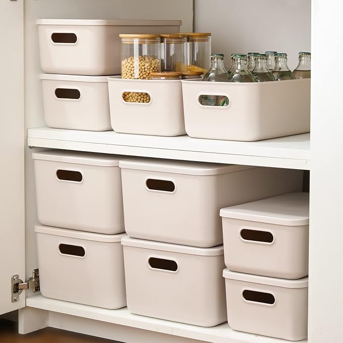 Yishyfier Plastic Storage Baskets With Lid Organizing Container Lidded Knit Storage Organizer Bins for Shelves Drawers Desktop Closet Playroom Classroom Office (4M+2S, Light grey) - Image 2