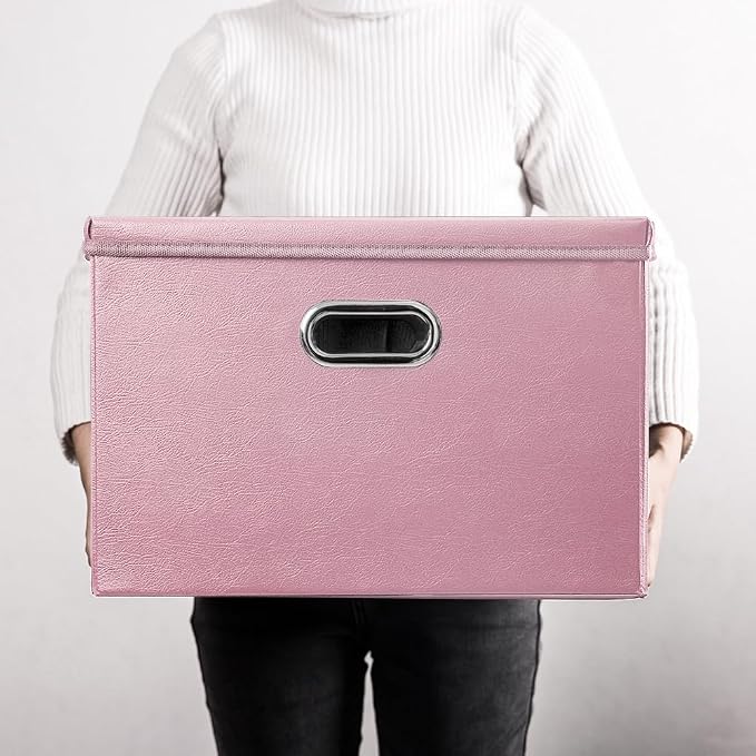 Large Stackable Storage Bins with Lids [3-Pack] Leather Fabric Foldable Storage Boxes Organizer Containers Baskets Cube with Cover for Bedroom Closet Office Nursery Pink (17.7x11.8x11.8) - Image 7