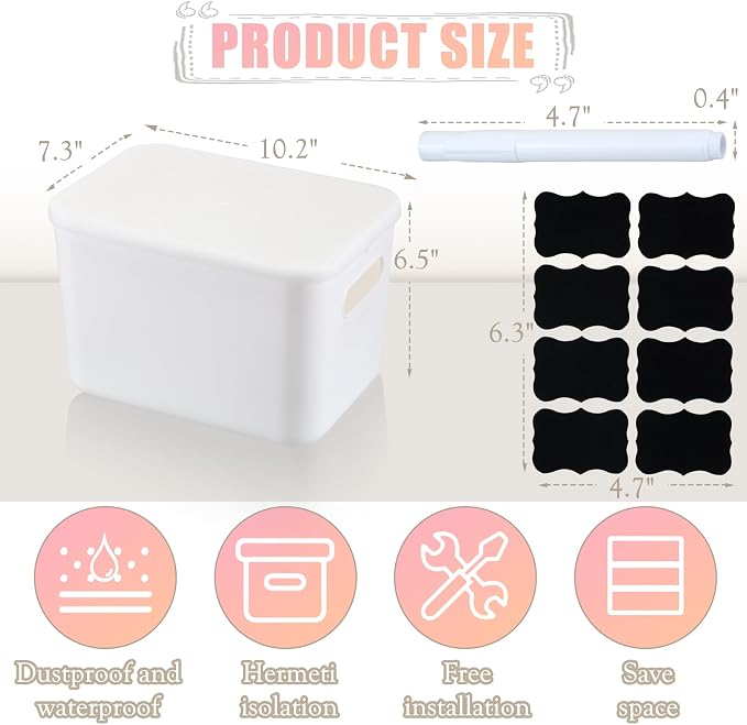 BBTO 8 Pcs White Plastic Storage Bins with Lids Organizing Container with Handle Stackable Containers for Organizing Including Labels and Marker for Table Organization, 10.2 x 7.3 x 6.5 Inch - Image 2